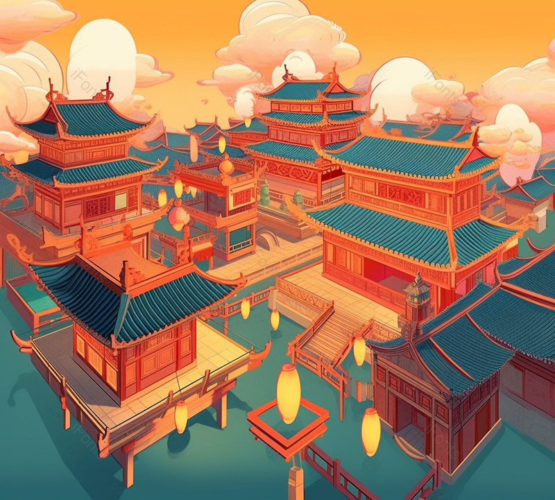 中国唯美古建筑群手绘插画中国风,插画/手绘图,插画/手绘图库,插画/手绘图下载,插画/手绘